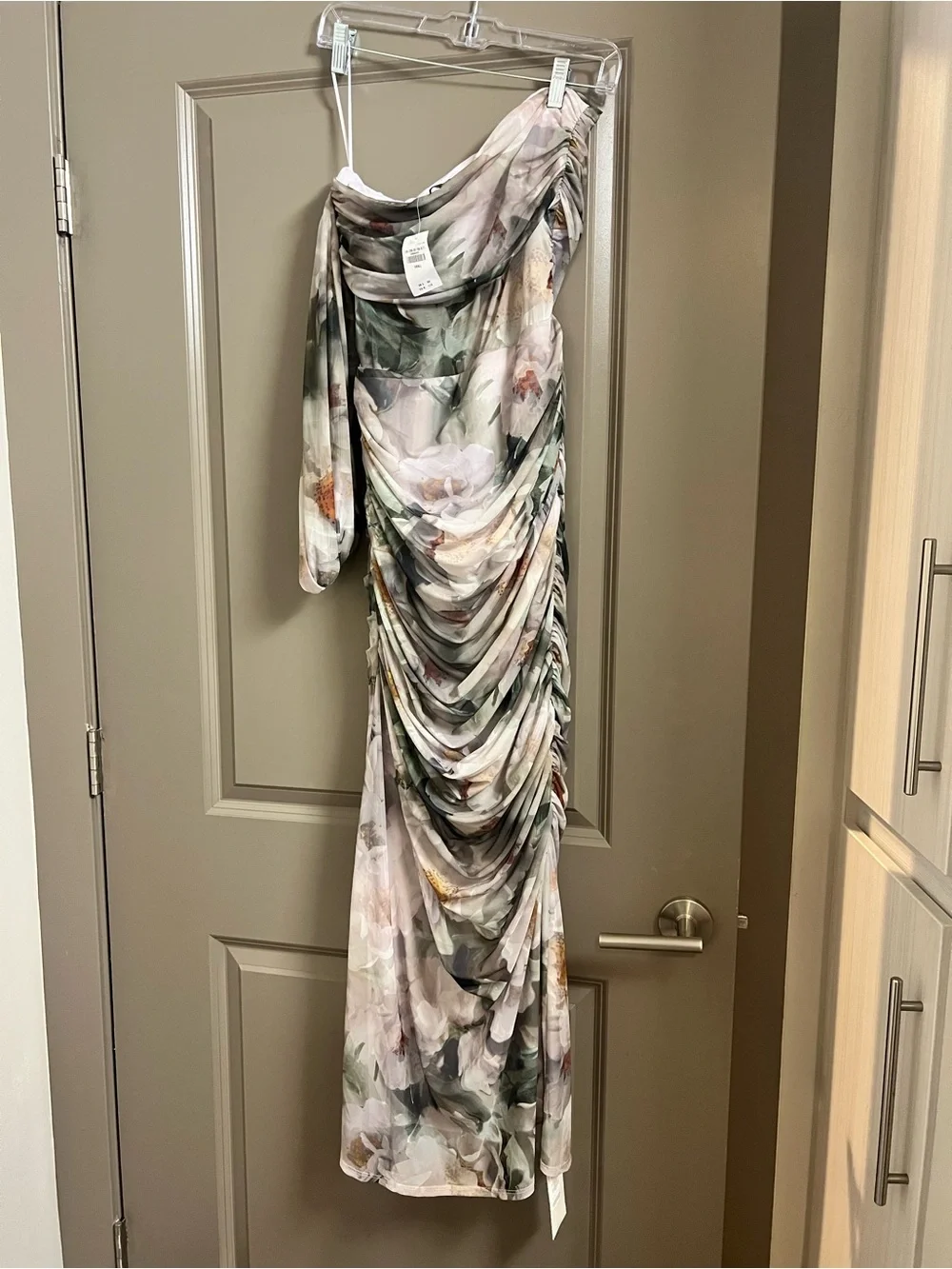 ABERCROMBIE & FITCH Mesh Asymmetrical Off-the-shoulder Draped Maxi Dress Small